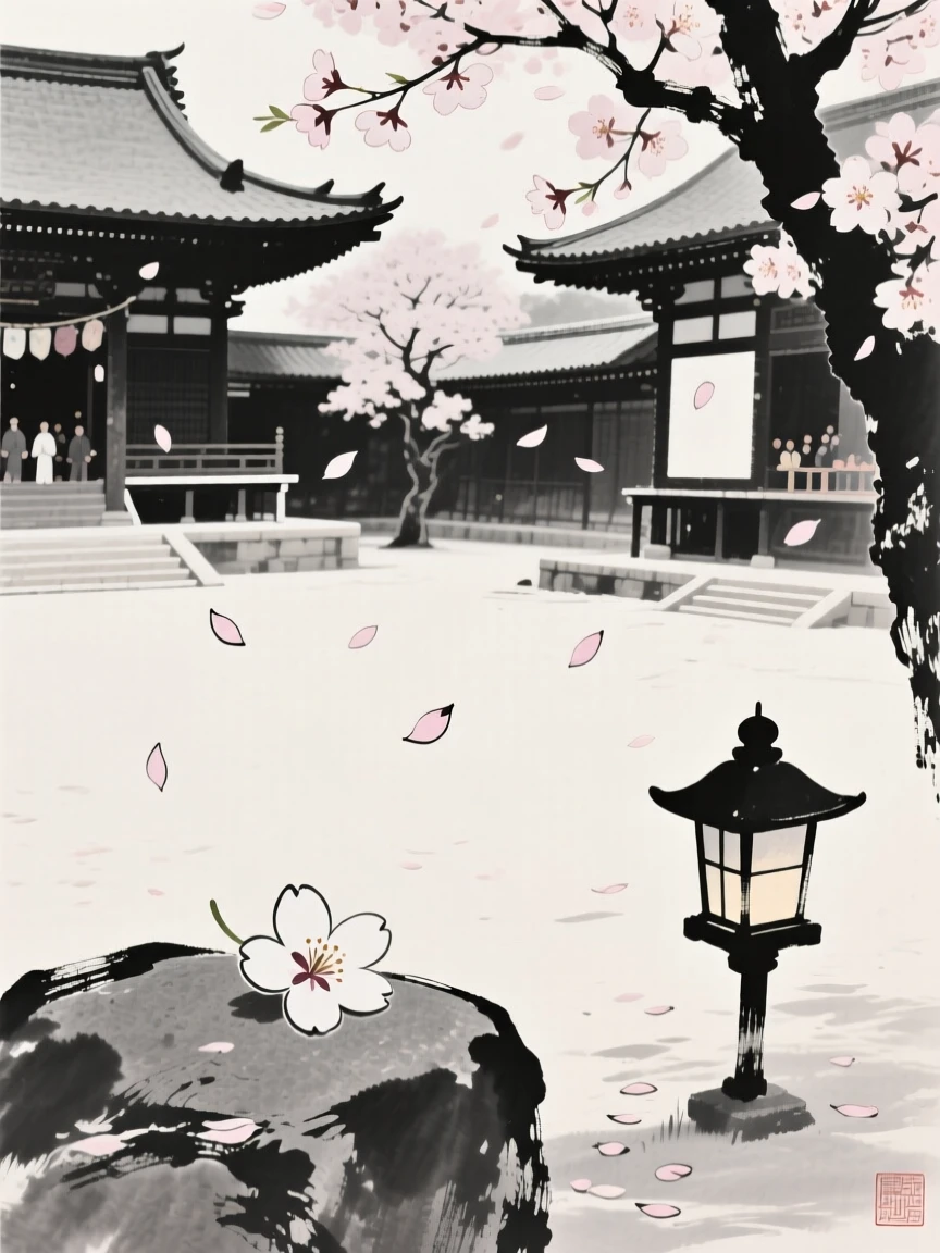 A spring festival with drifting cherry blossom petals within a quiet temple courtyard, framed to capture both intimate detail and the wider atmosphere, conveying cozy stillness and seasonal wonder.
