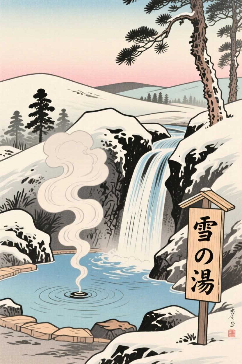 A hot spring nestled in snowy rock, beside a cascading waterfall, in the soft glow of early morning.