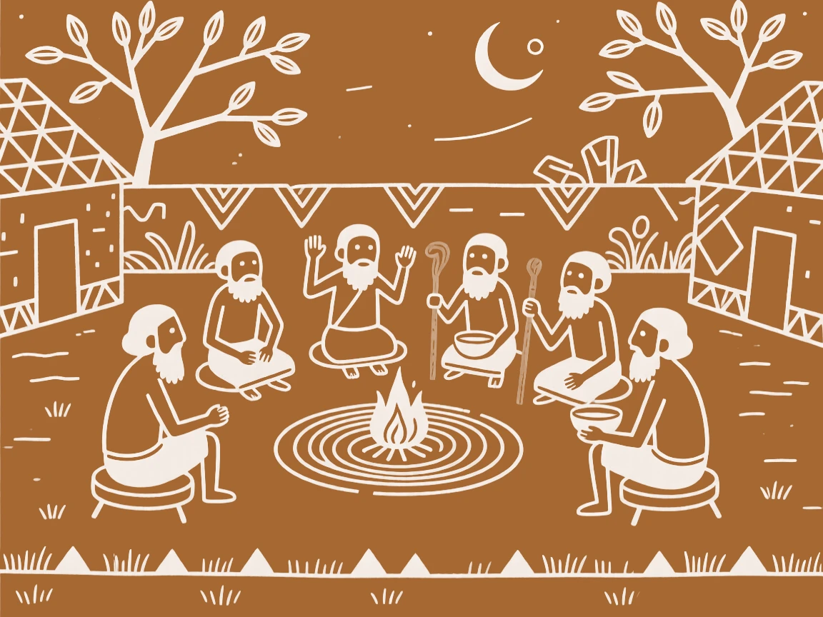 A group of village elders gathering for an evening meeting in the village courtyard.