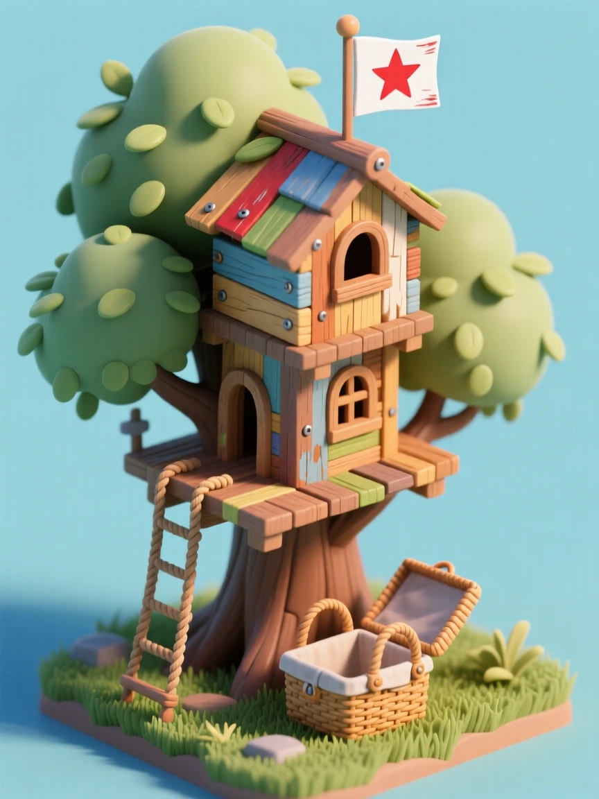 A treehouse fort built by children, with a rope ladder, a lookout tower made of scrap wood, a hand-painted flag, and a picnic basket left at the base of the tree.