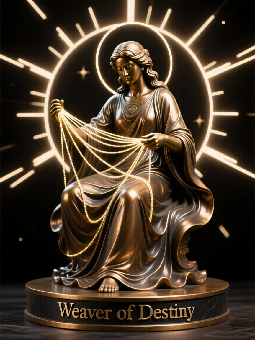 A celestial being weaving the threads of fate, surrounded by radiant beams of light, radiating awe and grandeur