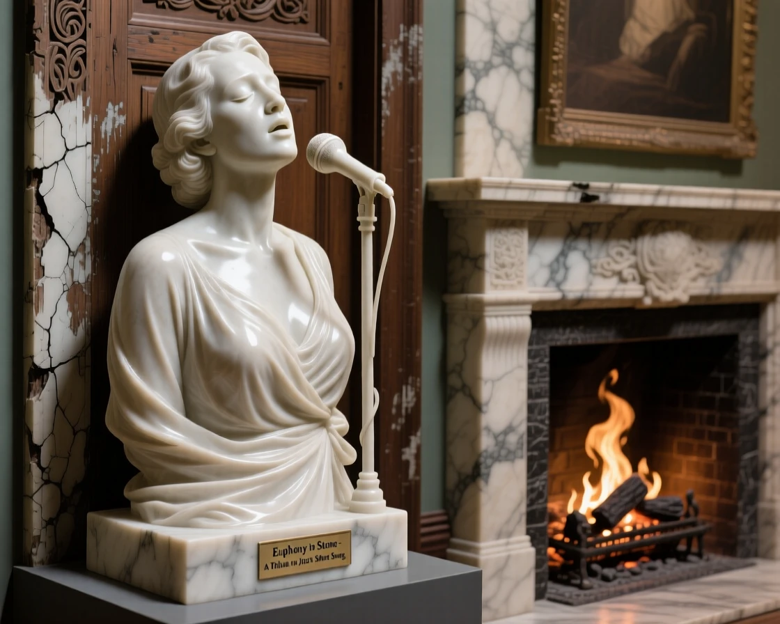 A close-up portrait of a jazz singer mid-note, leaning against a weathered doorway, beside a crackling fireplace, radiating quiet emotion and dignity