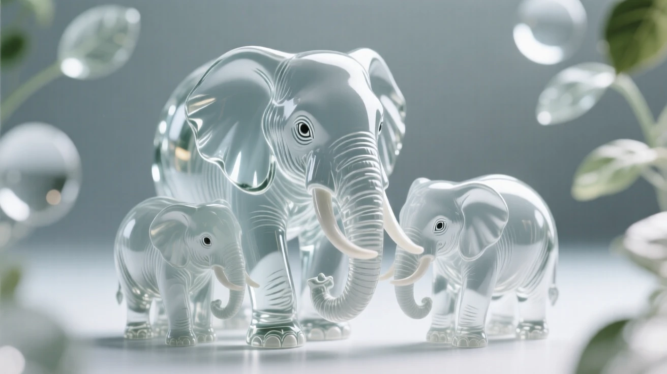 A close-up portrait of a family of elephants, its eyes sharp and expressive, framed by soft bokeh foliage, radiating quiet dignity.