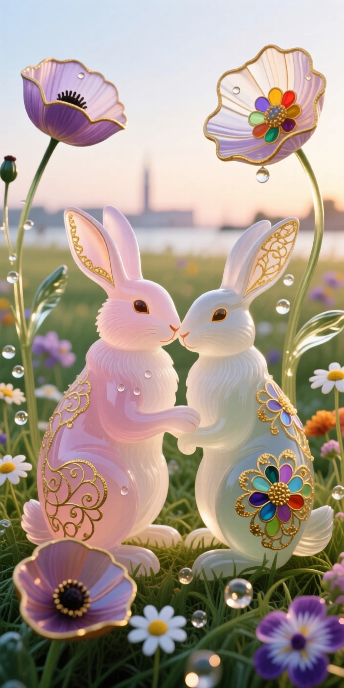 A pair of rabbits nuzzling in a meadow of wildflowers at dawn, tender and gentle, soft morning dew on the petals.