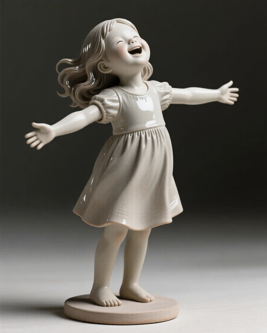 A young girl laughing with arms outstretched gazing softly into the distance, with expressive hands mid-gesture, radiating grace, strength, and inner peace.