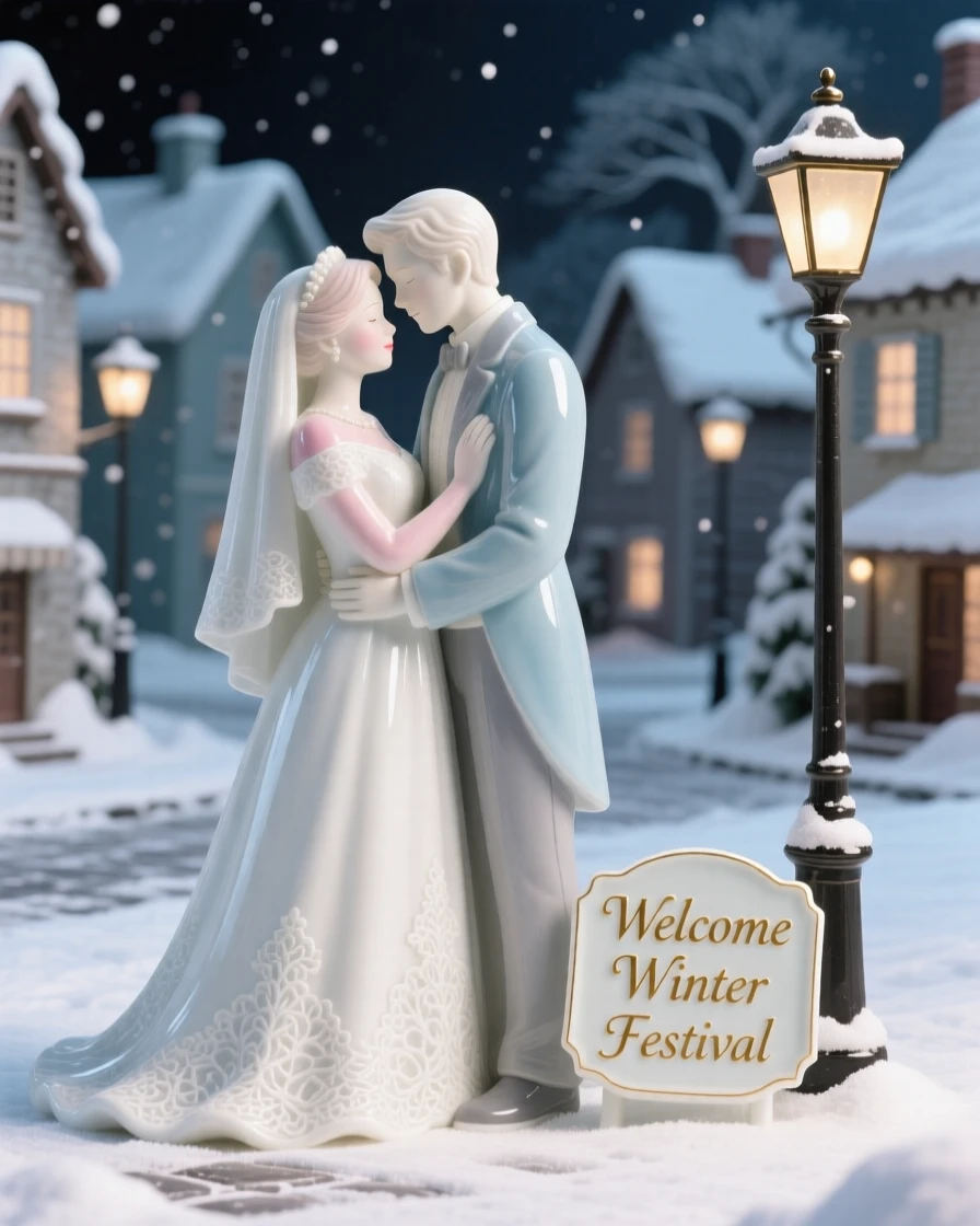 A tender scene of a bride and groom sharing a quiet embrace in a snowy village square, her expression calm and thoughtful.