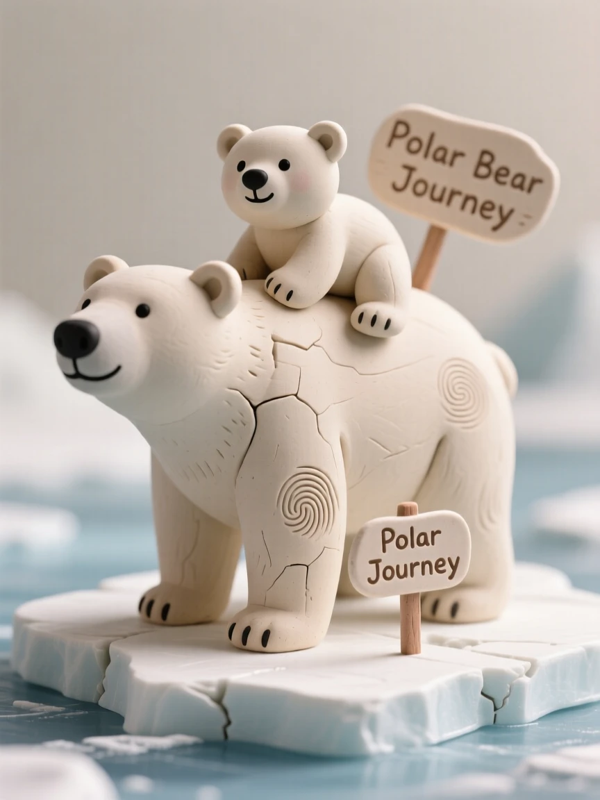 A polar bear cub riding on its mother's back across an ice floe