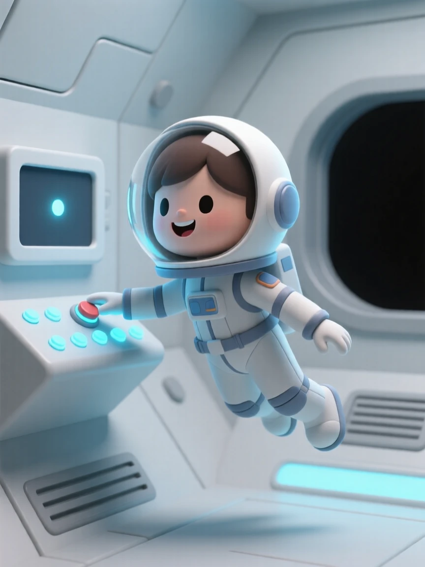 A young astronaut trainee floats inside a spacecraft simulator, grinning as she practices flipping switches on a glowing control panel.