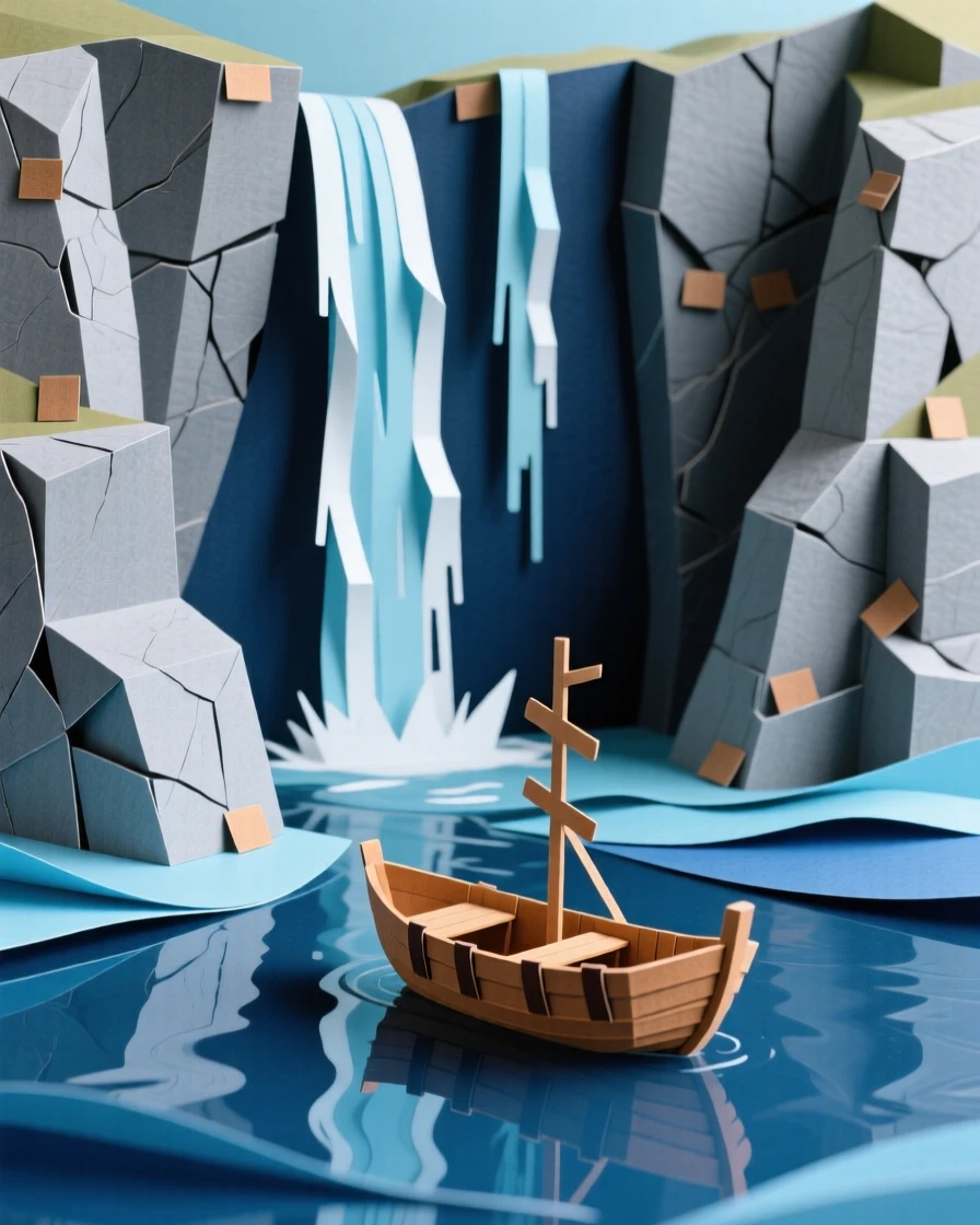 A dramatic fjord with steep granite cliffs plunging into deep blue water, a small wooden boat gliding across the glassy surface, waterfalls streaming down from high above, conveying scale and majesty.