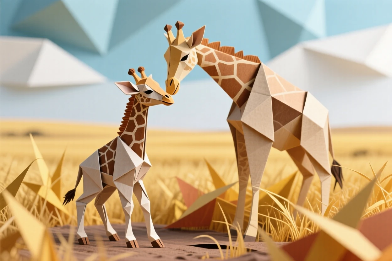 A baby giraffe standing on wobbly legs for the first time, mother nuzzling its neck, golden savanna grass stretching to the horizon.