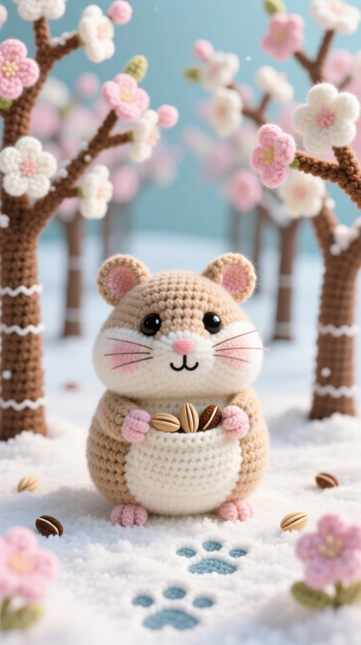a round hamster, with puffed cheeks and tiny paws, stuffing seeds into its cheek pouches, set in an orchard with rows of blossoming trees, with a trail of small paw prints in the snow, evoking a tender, sleepy softness.