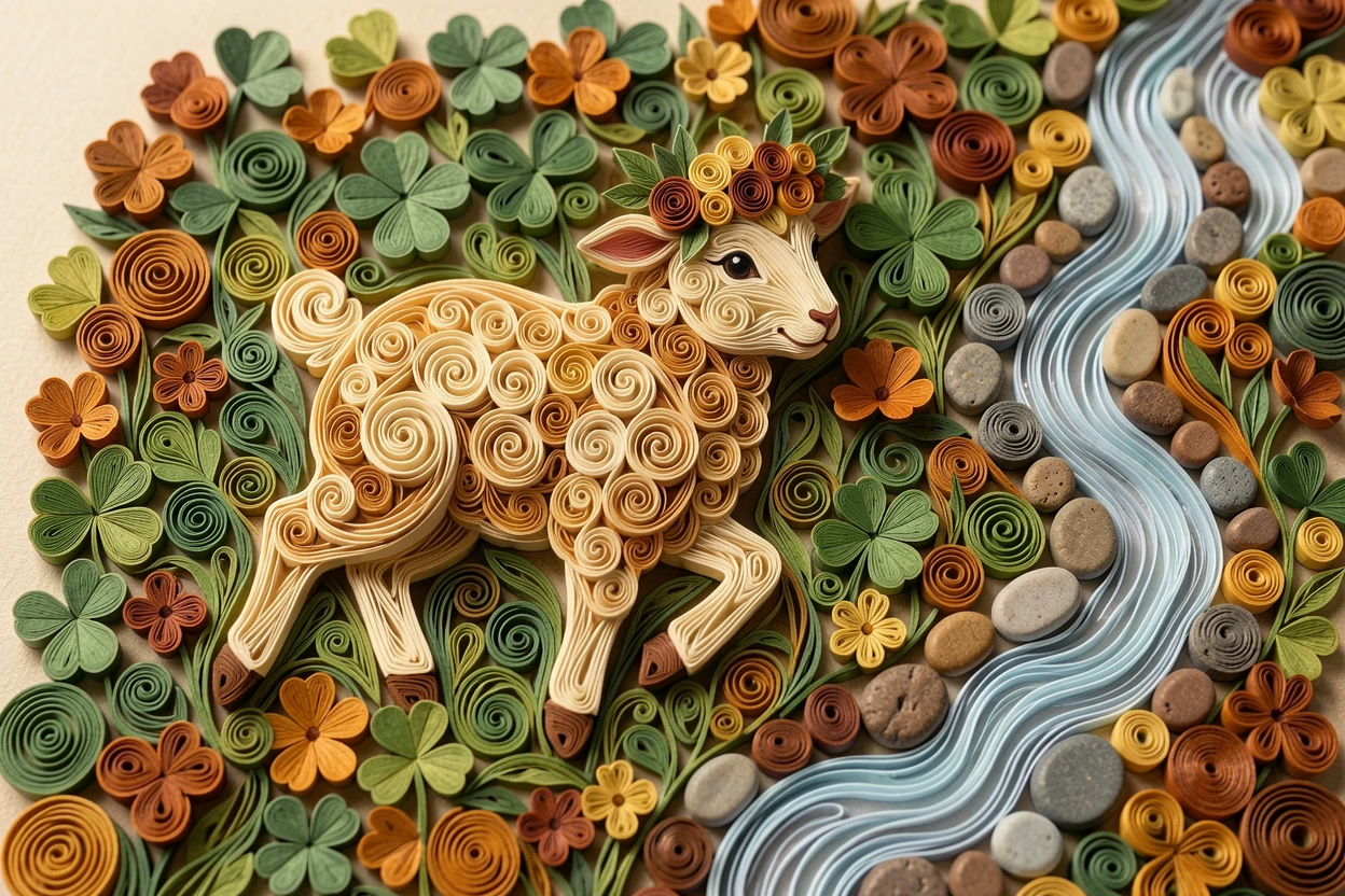 a lamb with a tiny flower crown hopping through clover, near a babbling brook lined with pebbles, shown from a gentle overhead perspective, in cozy autumn tones of amber and rust.