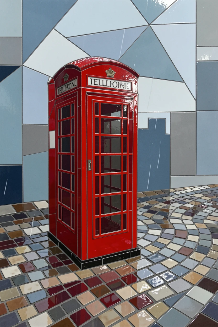 A classic red phone booth on a cobblestone London street in the rain.
