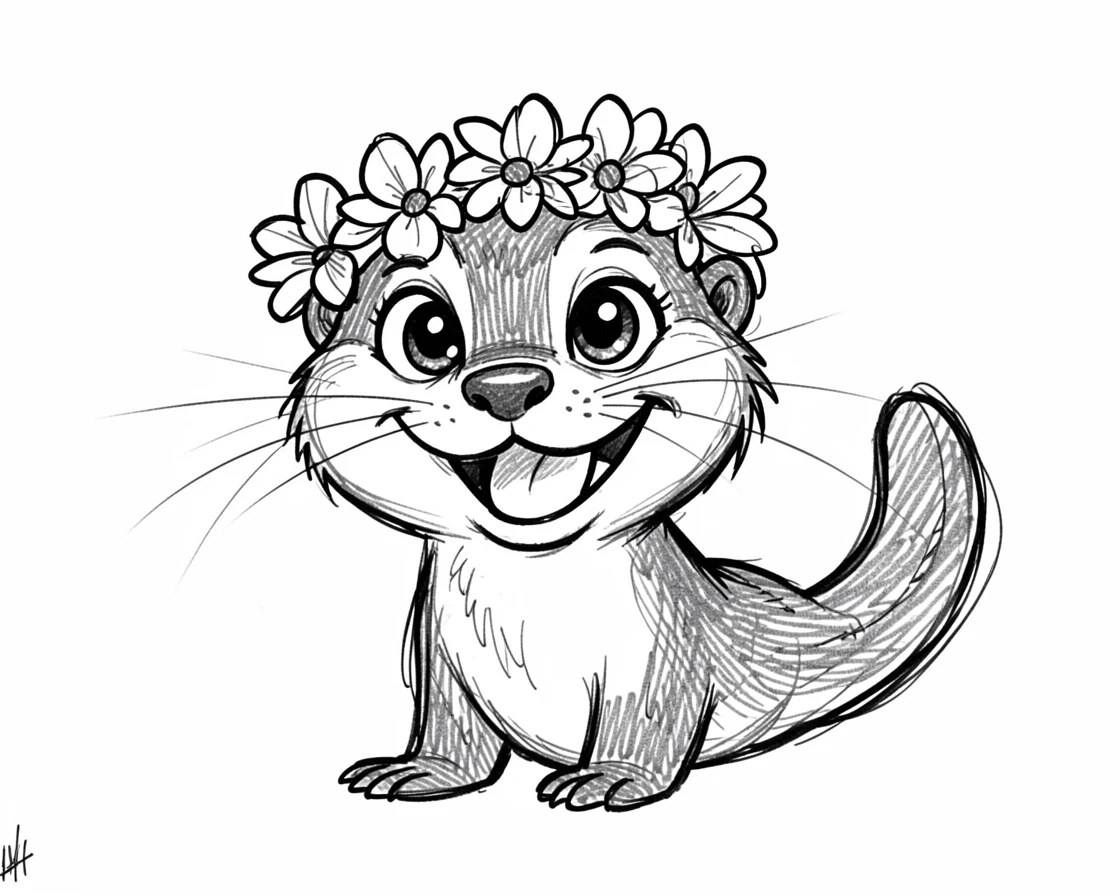A grinning otter trying on a flower crown.