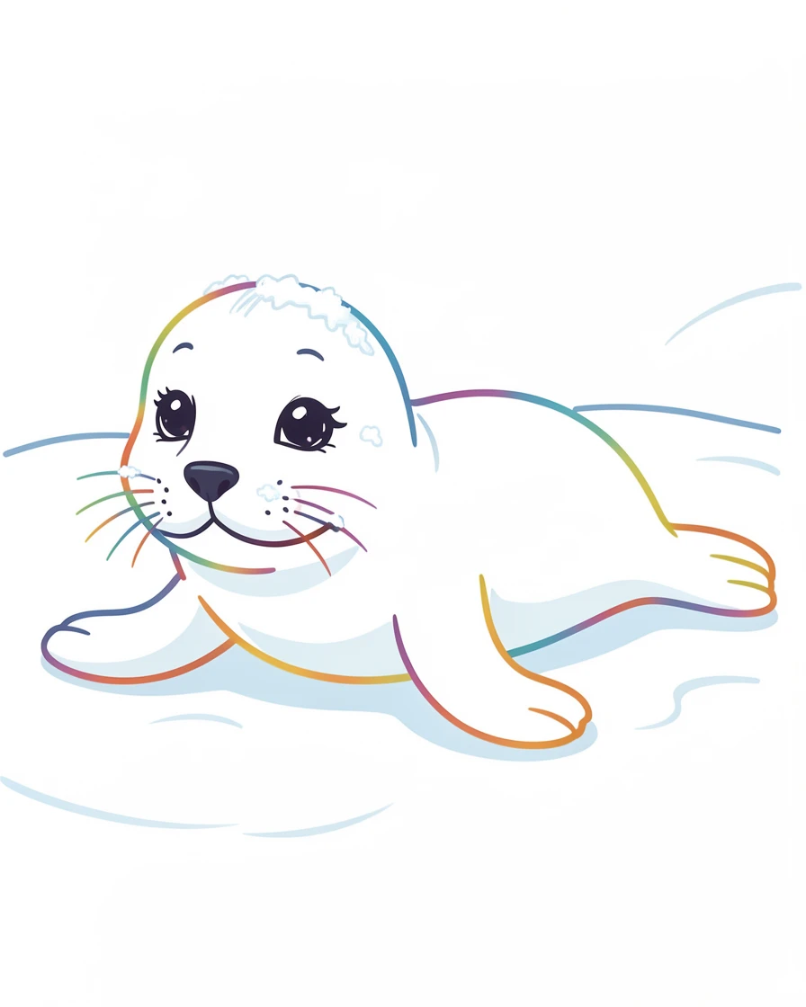 A baby seal resting on a snowy beach, dark eyes wide, whiskers dusted with frost.