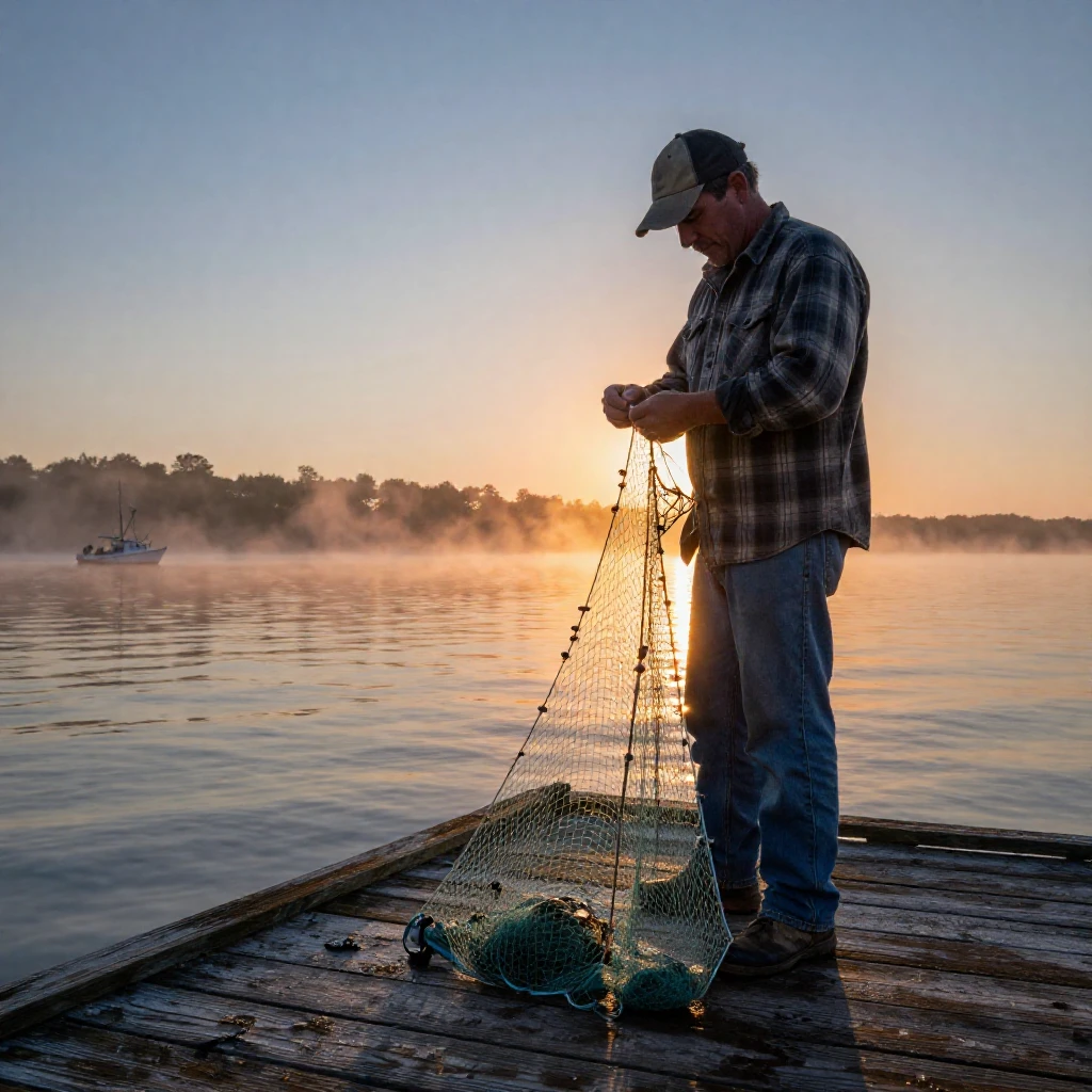 A fisherman mending nets on a wooden dock at sunrise
