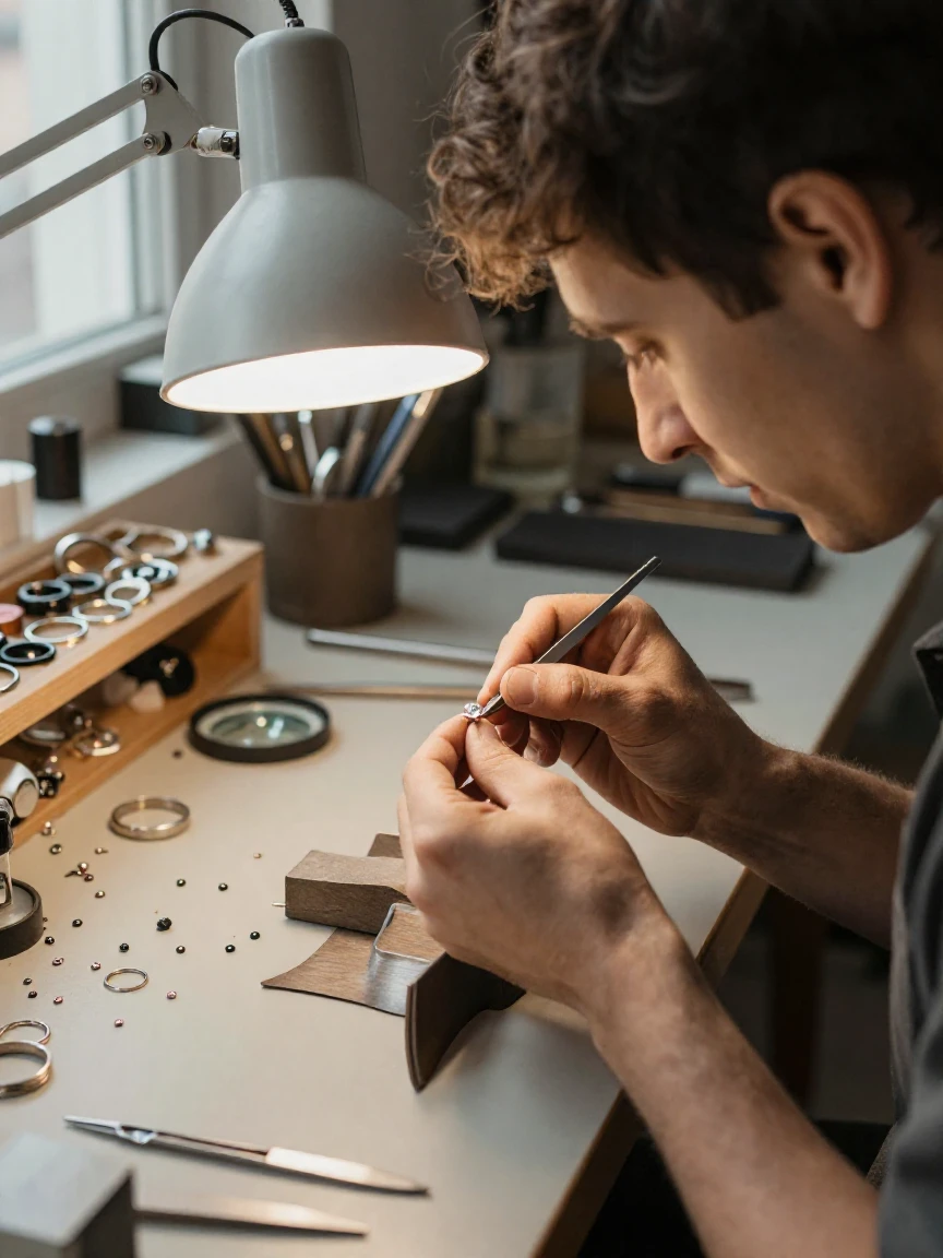 A jeweler sets a small gemstone into a ring under a bright desk lamp.