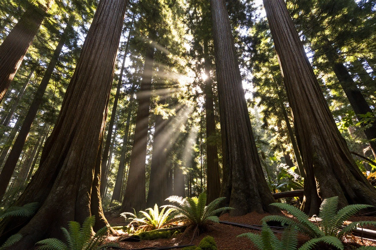 A dense forest of ancient redwoods, stretching endlessly beneath a blazing midday sun
