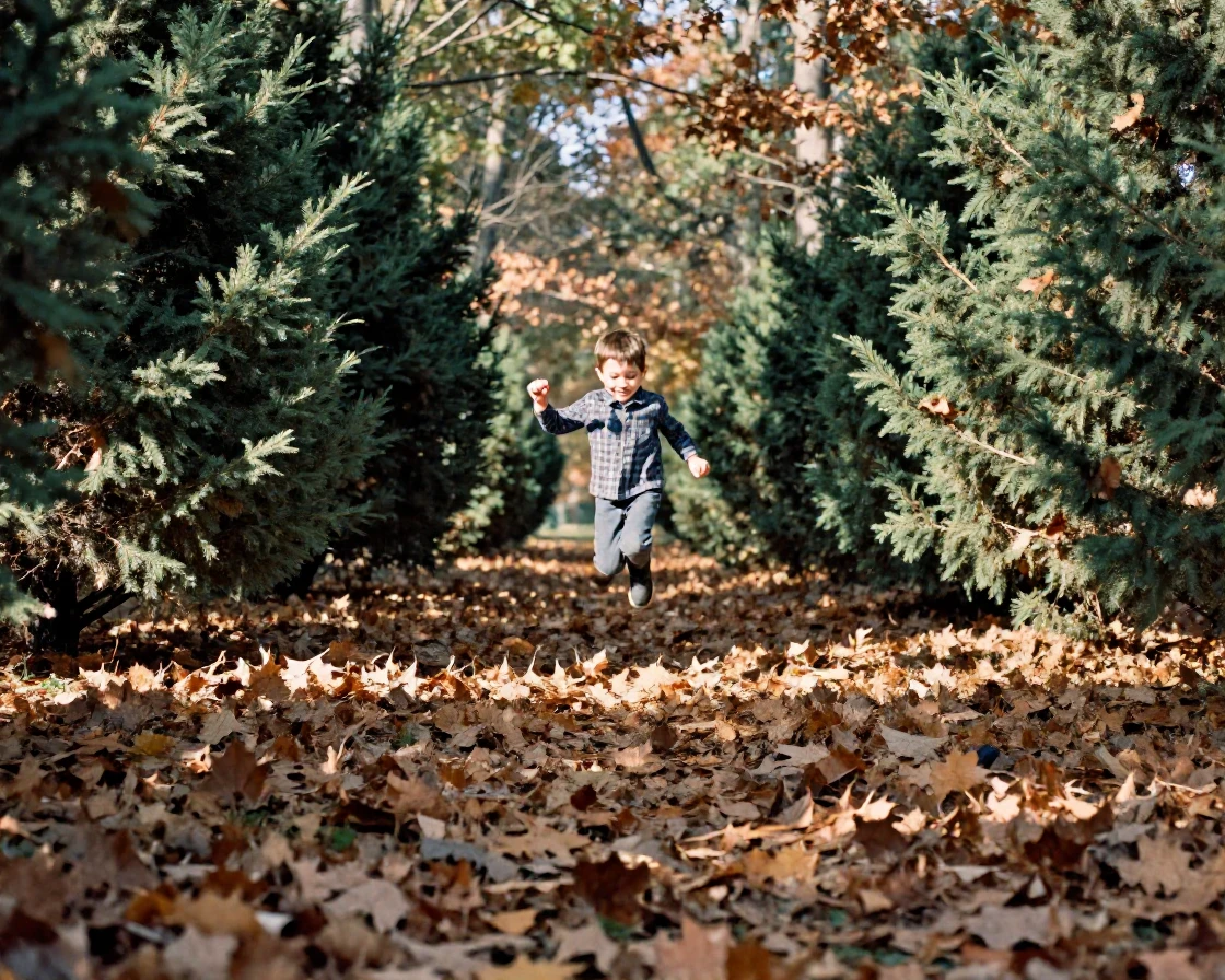 A child jumping into a pile of fallen leaves, in dappled light filtering through leaves, in crisp, dry air, in autumn, with deep emerald greens and browns, framed symmetrically down a long corridor.