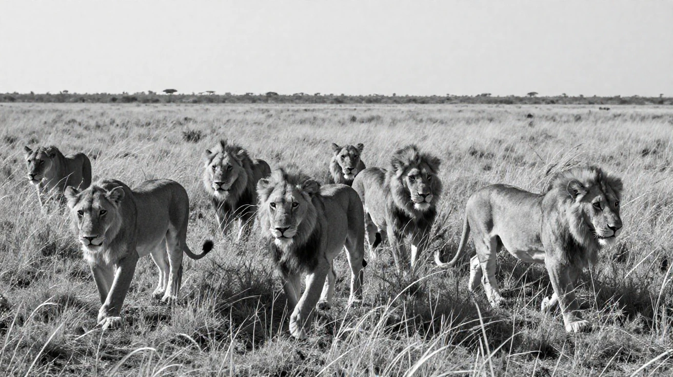 A pride of lions stalks silently through tall grass across sunbaked grasslands.