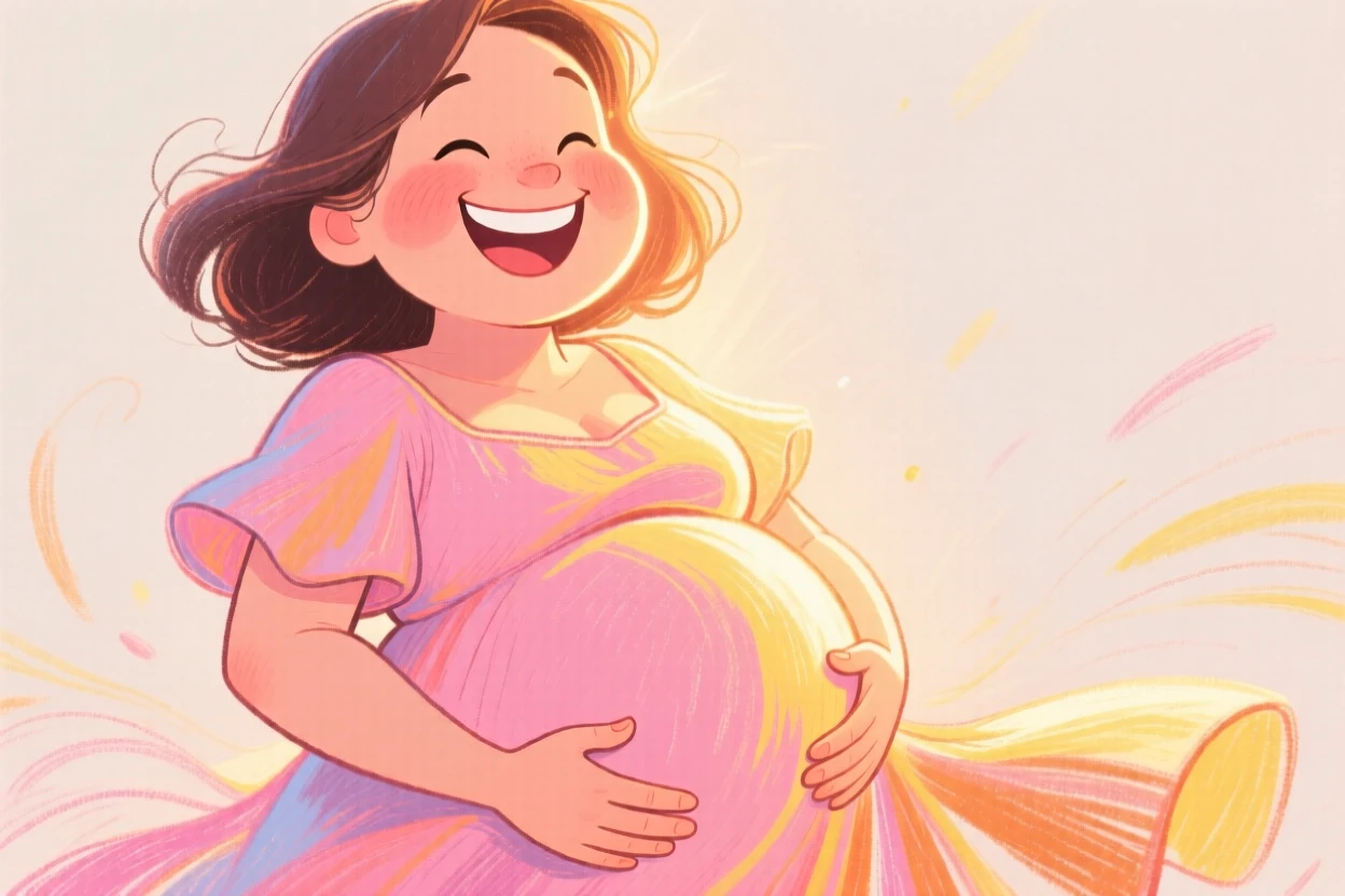 A pregnant woman cradling her belly with both hands, glowing smile, wearing a flowy sundress.