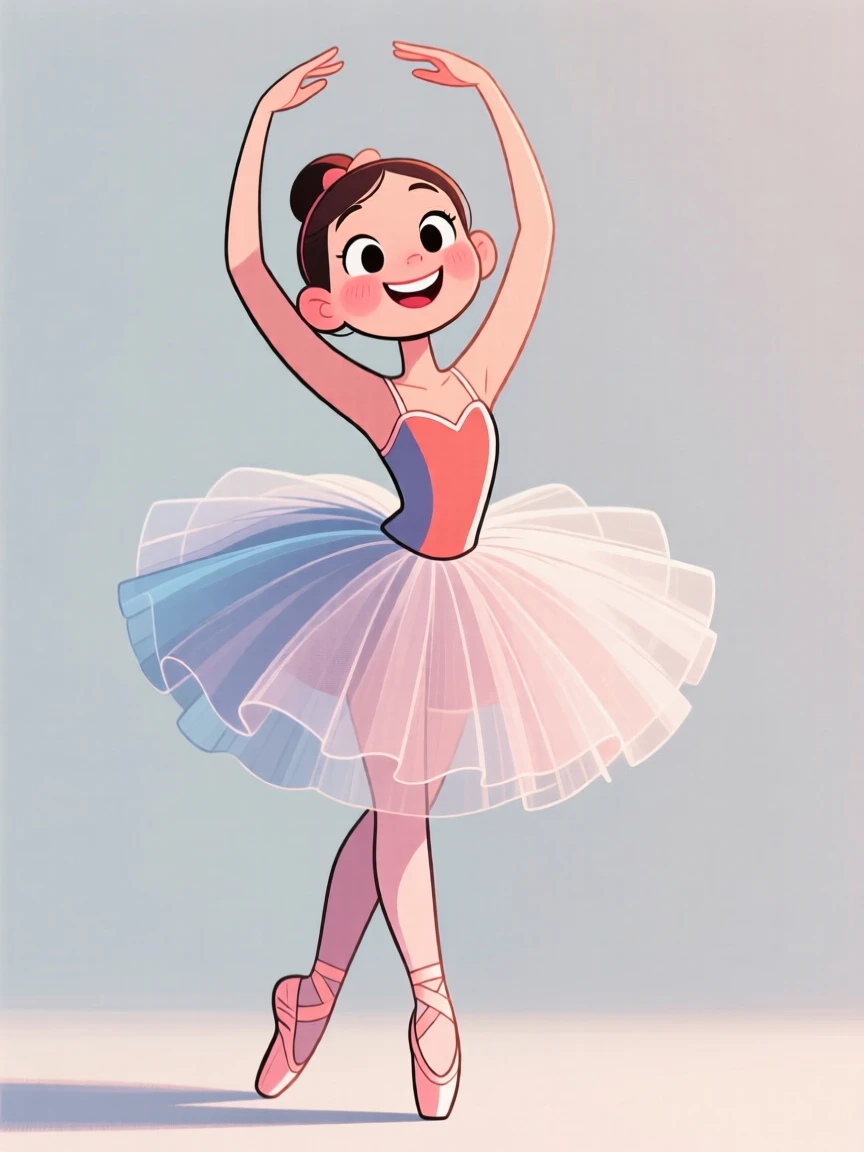A charming portrait of a graceful ballerina balanced on her toes, arms curved overhead, a soft smile and a tutu made of layered tulle.