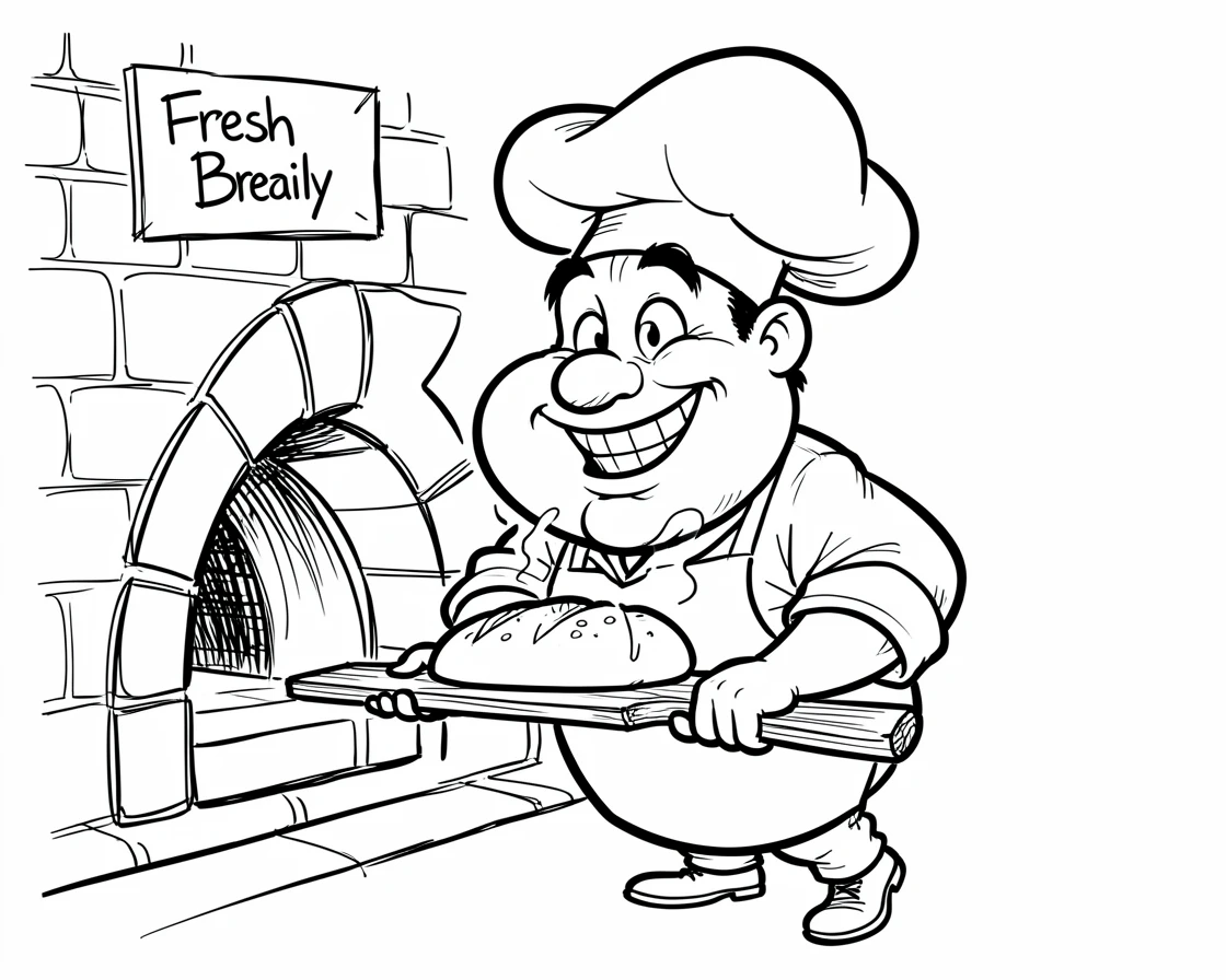 [People Portraits & Characters] Portrait of a jolly baker pulling a fresh loaf of bread from a brick oven, full of personality and charm