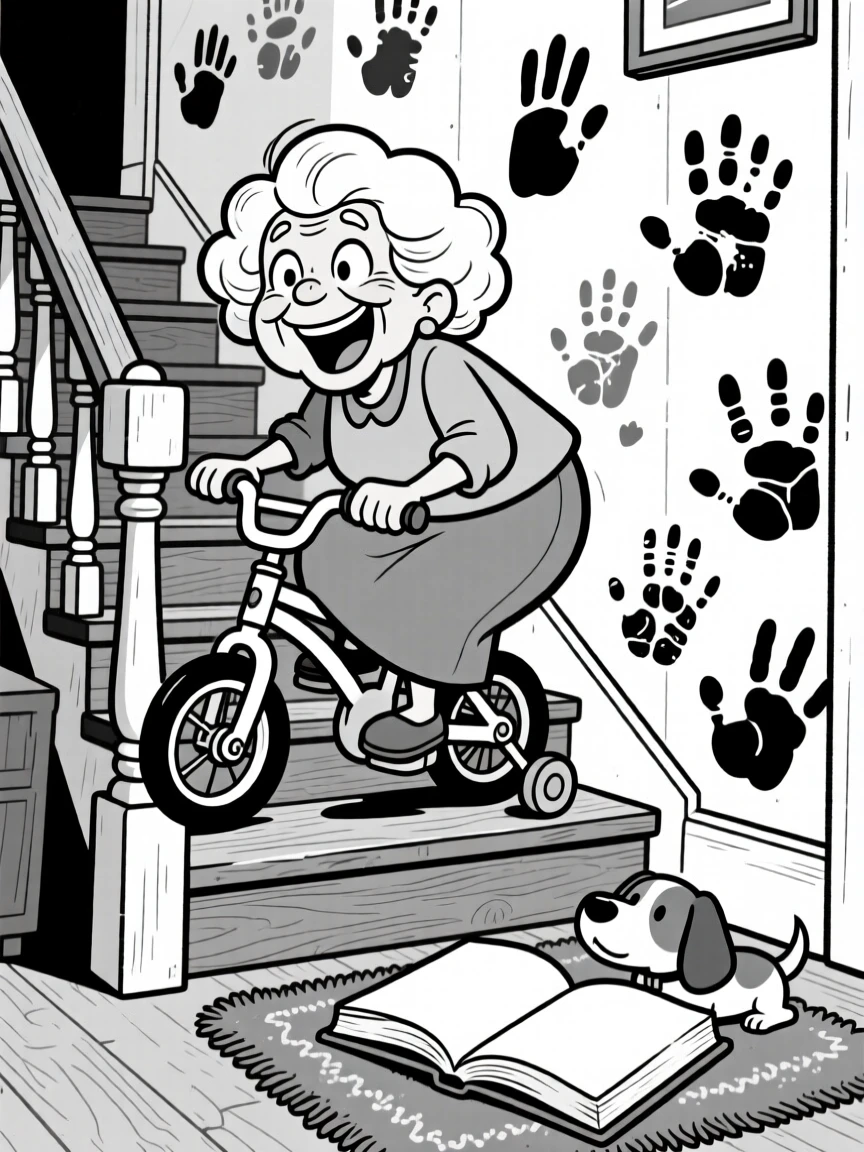 A grandmother with soft curls and a warm smile, wobbling on training wheels for the first time, set on a squeaky staircase decorated with handprint art. A dog-eared storybook lies open on the rug. It feels like a memory worth framing forever.