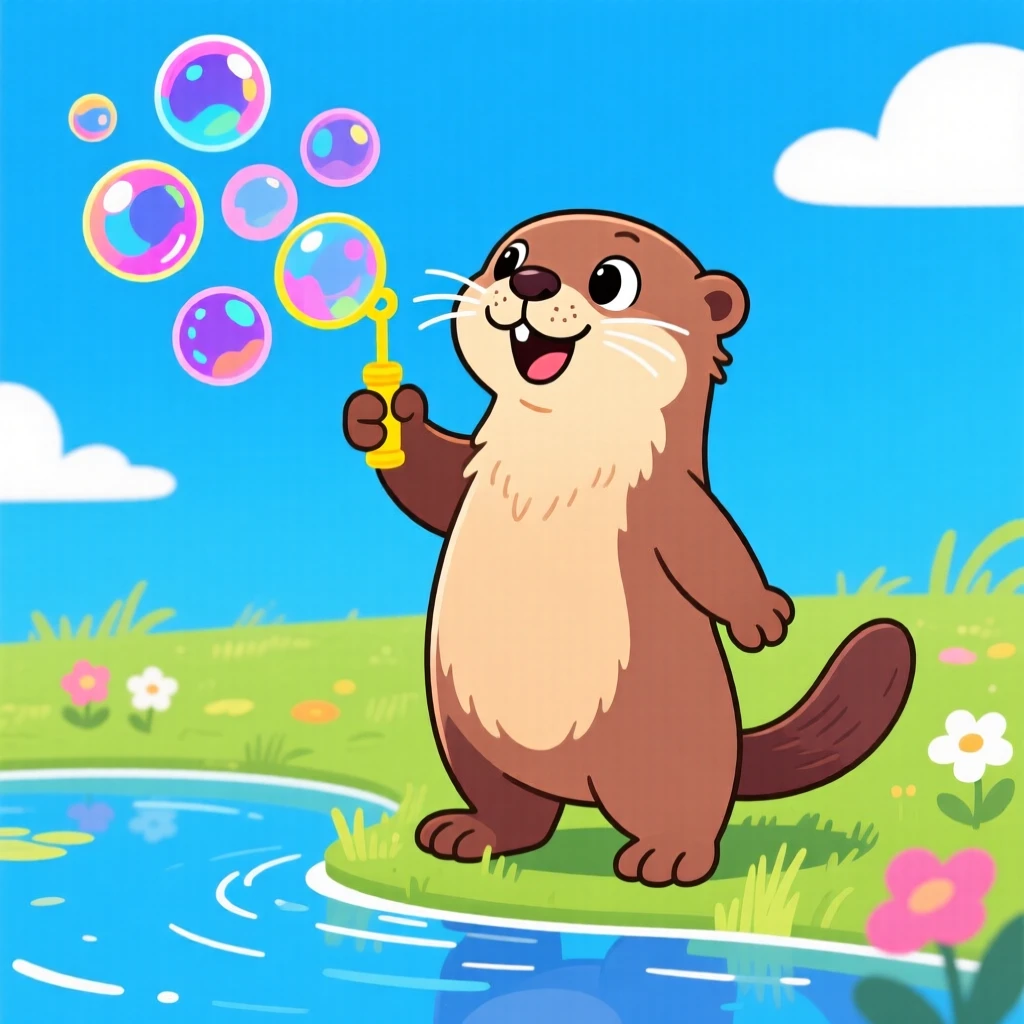 A young otter blowing bubbles with a wand.