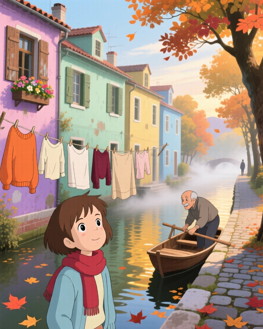 A row of pastel-colored houses along a canal, with laundry lines strung between houses, fluttering in the breeze, on a crisp autumn morning.