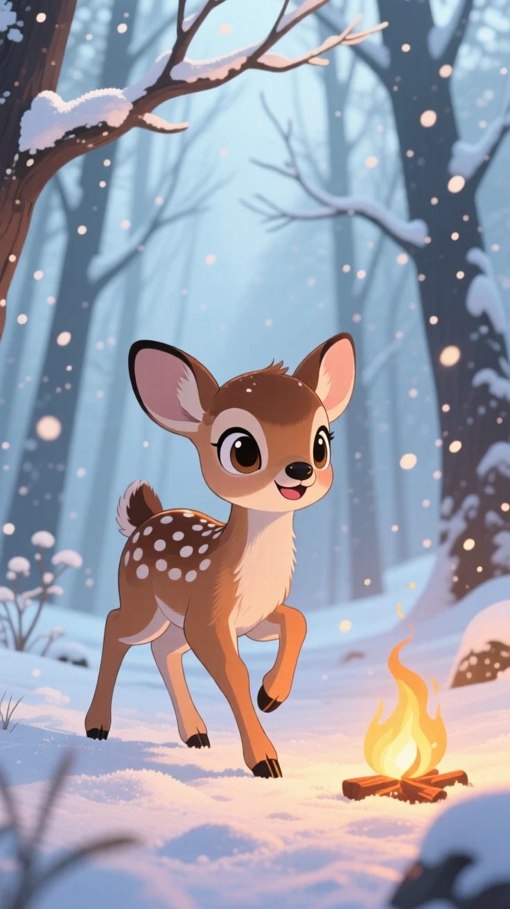 A spotted baby deer taking its first wobbly steps, framed as a low-angle shot looking up within a dappled forest clearing, during a cozy winter snowfall, glowing under cozy firelight, evoking curious excitement.