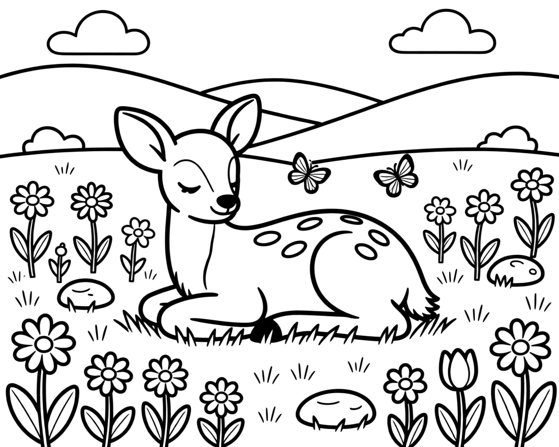 A baby deer resting among wildflowers in a meadow