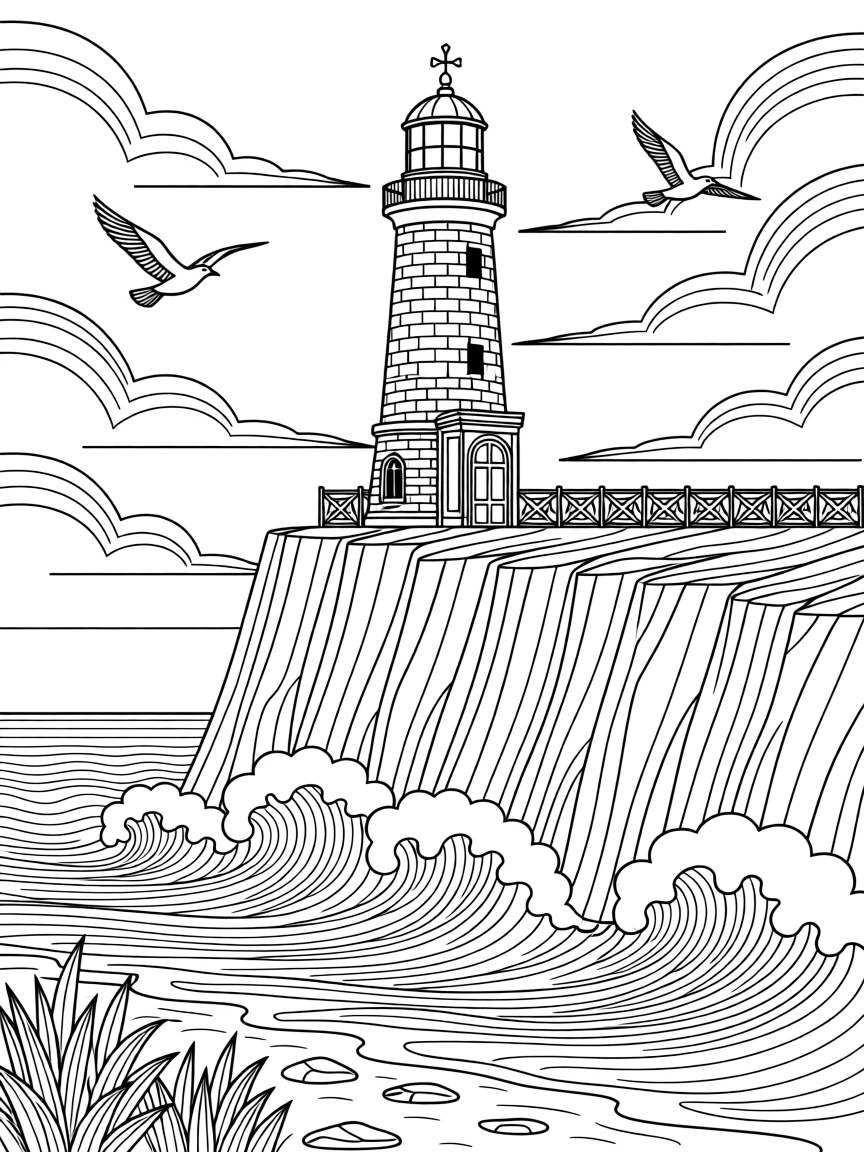 A rocky coastline where waves crash against cliffs beneath a lighthouse.