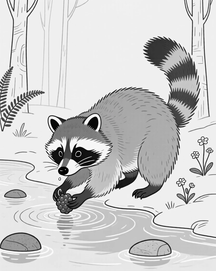 A raccoon washing a berry in a forest stream