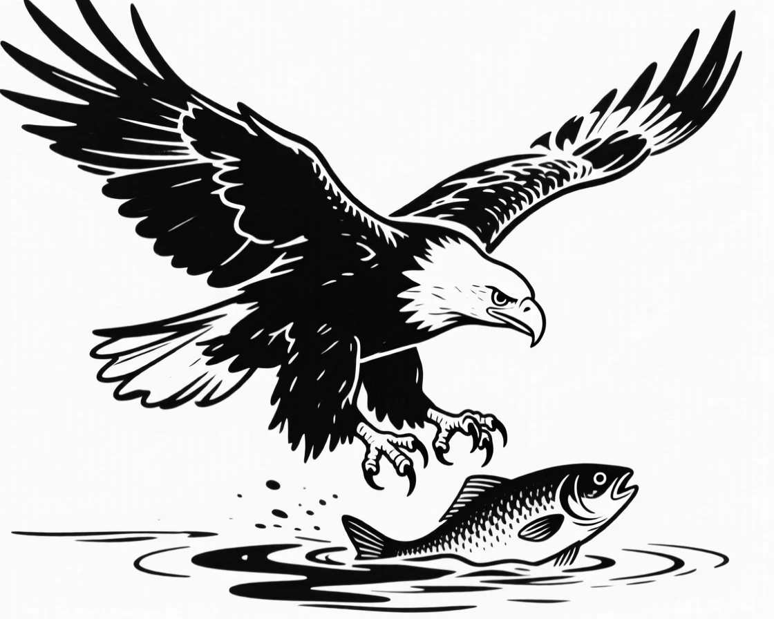 A bald eagle diving toward water with talons outstretched to catch a fish.