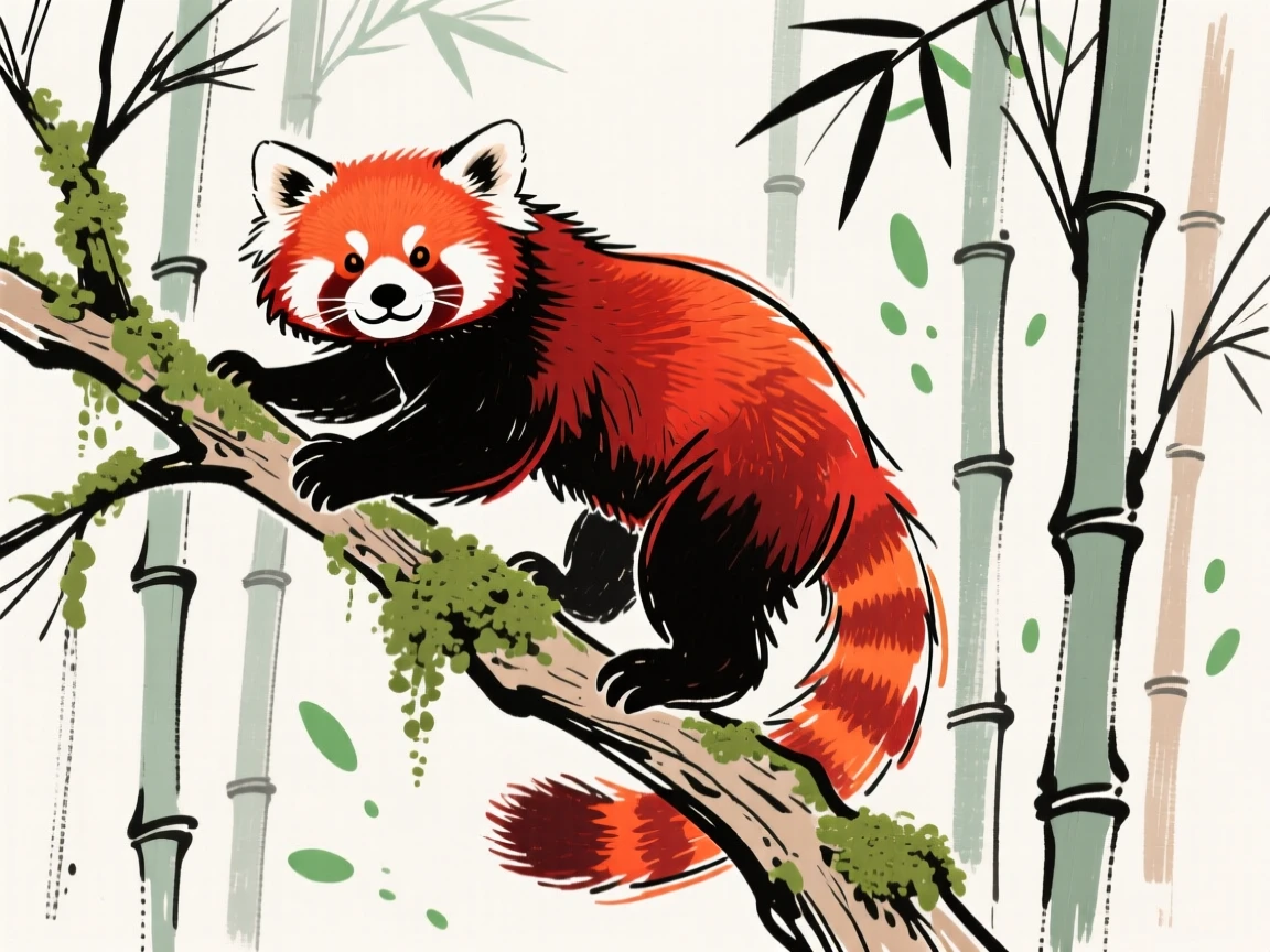 A red panda climbing along a mossy branch in a bamboo forest.