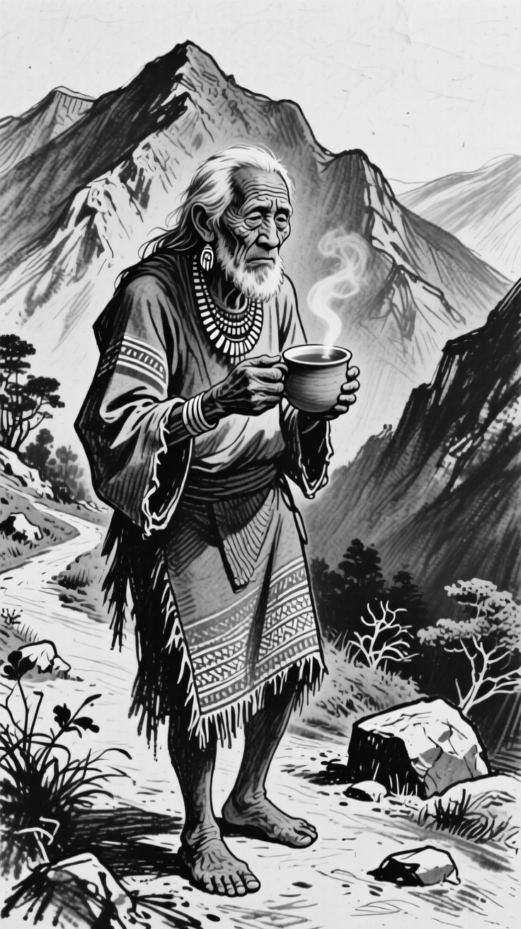 A tribal elder holding a cup of tea with both hands, lost in memory, on a mountain trail.