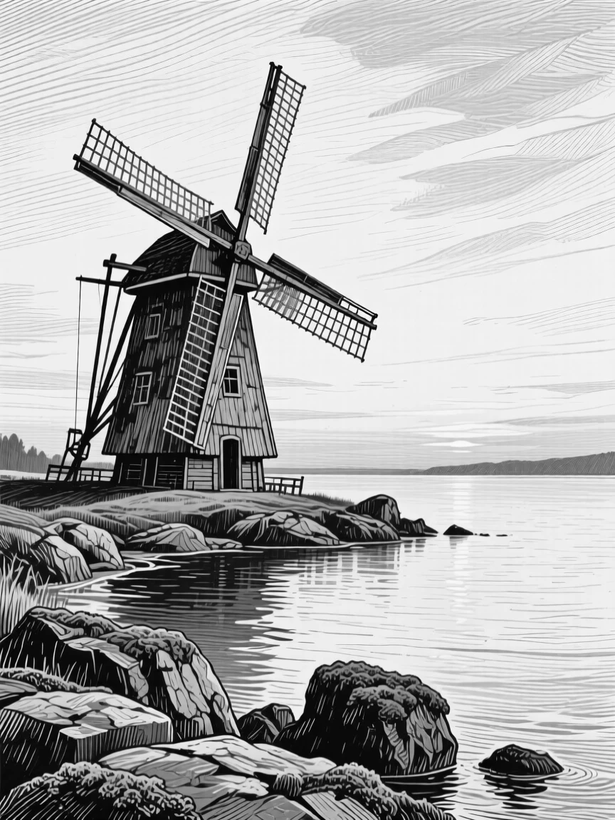 A lone windmill as the last light of day fades over the water, with patches of moss clinging to weathered rock, evoking a calm and meditative atmosphere in a wide, balanced composition.