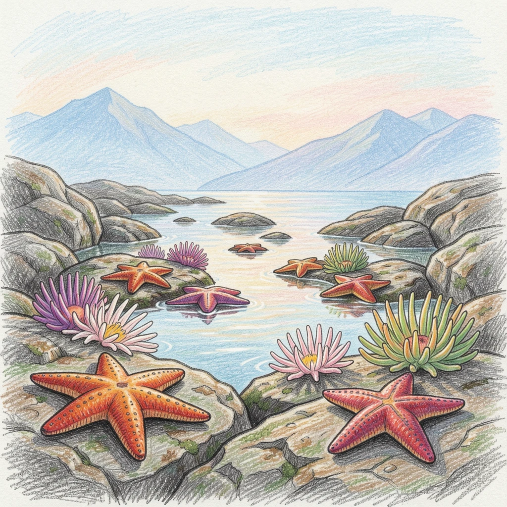 A tide pool filled with colorful starfish and anemones at low tide, with distant mountains fading into soft blue haze, designed to feel like a peaceful escape from everyday life.