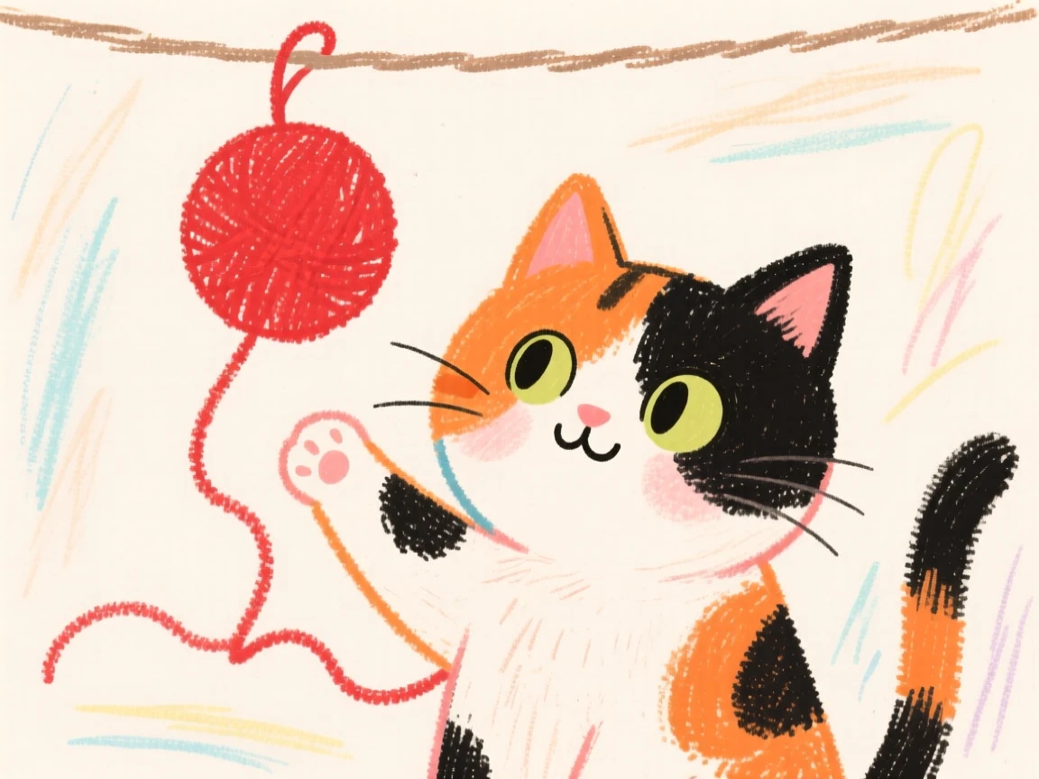 A calico kitten batting at a dangling ball of red yarn.