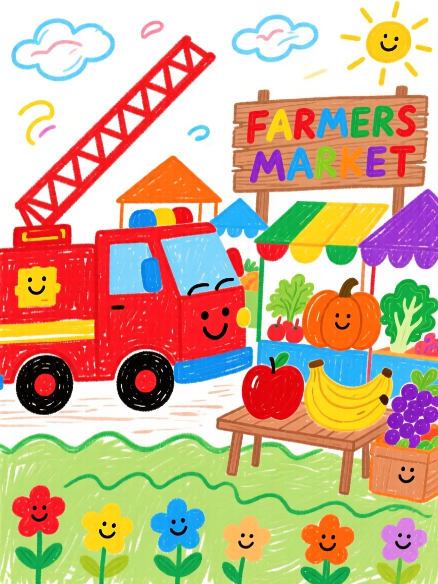 A bright red fire truck parked beside a colorful farmers market.