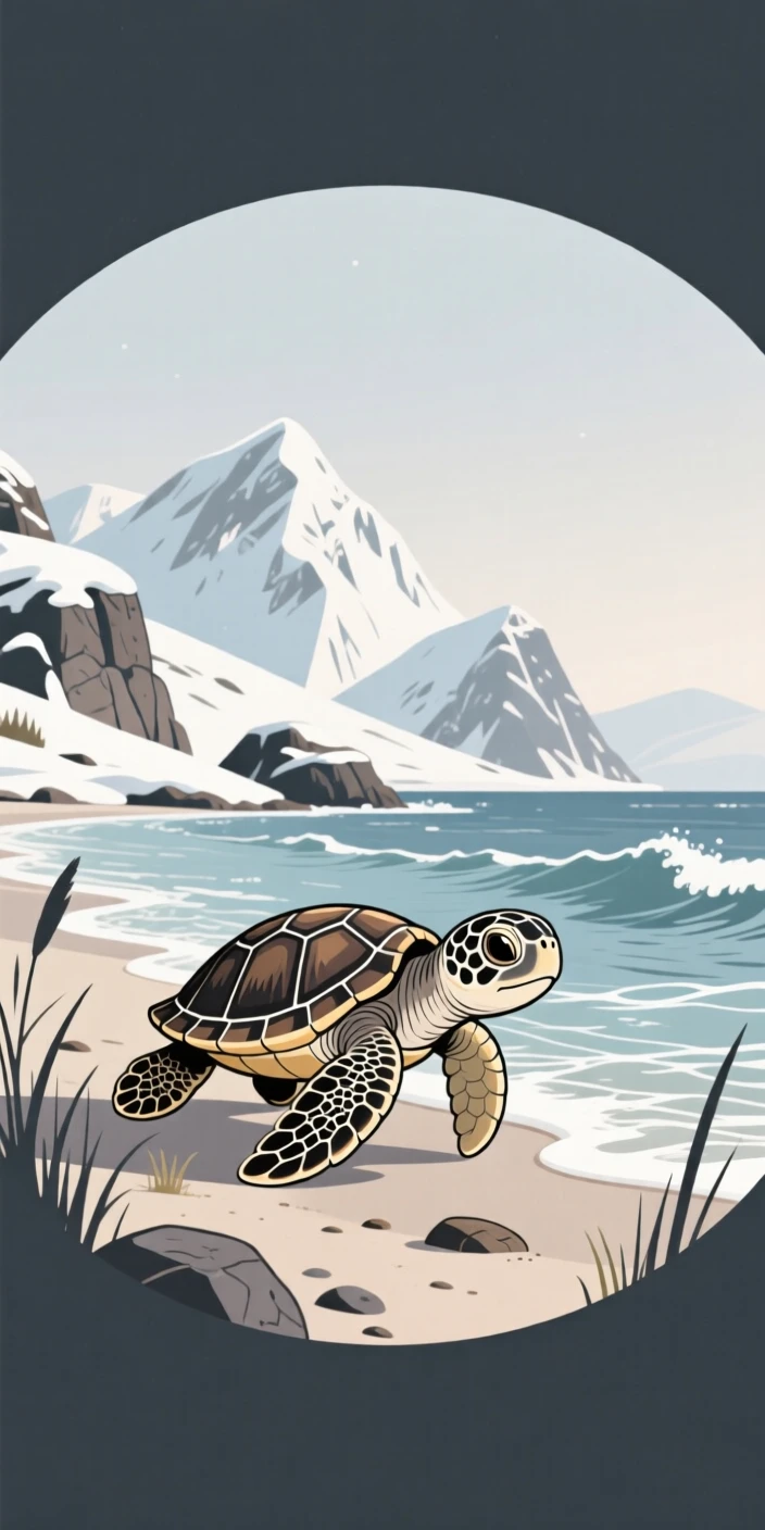 A baby sea turtle crawling toward the ocean waves, framed by a snowy mountain landscape under a pale sky, placed within a circular vignette of natural framing, with a sense of playful curiosity captured perfectly.