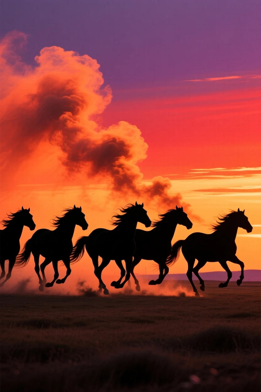 A herd of wild mustangs galloping across an open plain, dust rising behind their hooves.