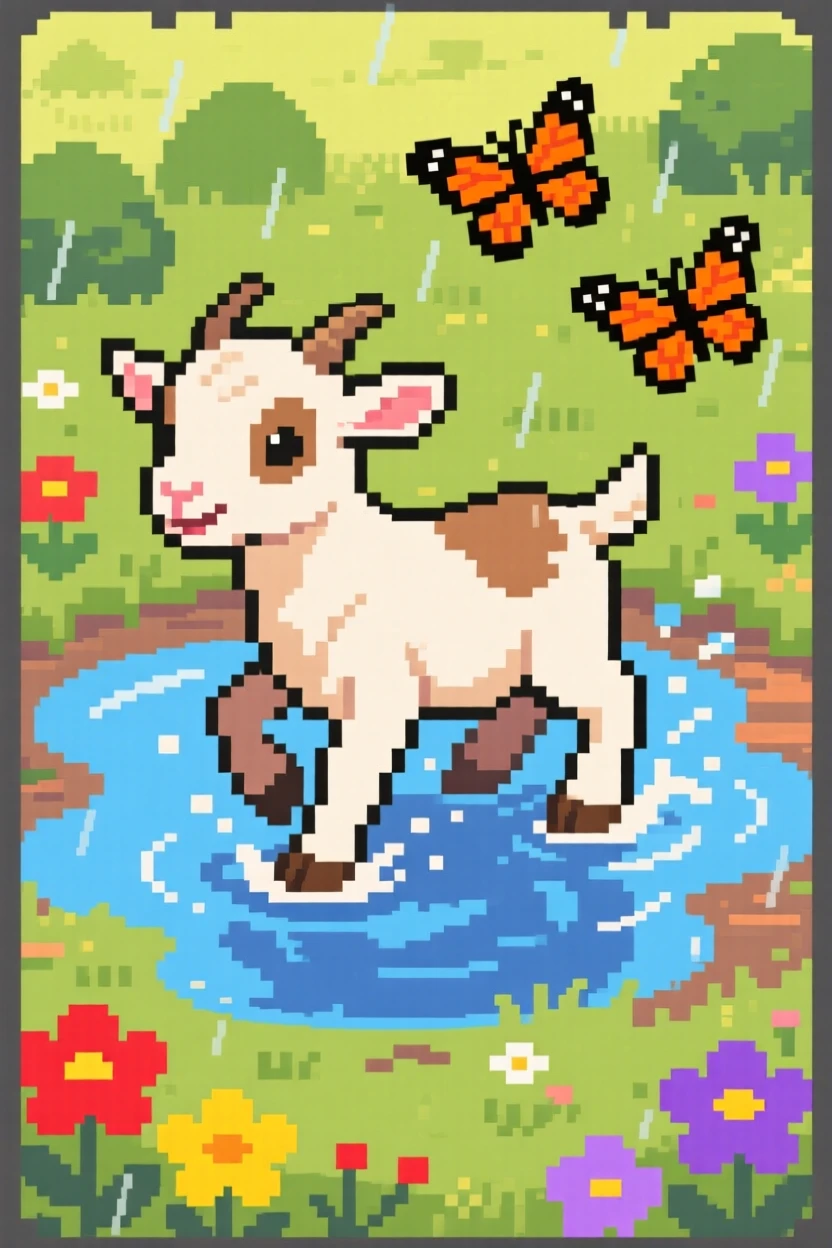 A baby goat splashing in a puddle after the rain, in a sunlit garden with butterflies nearby.
