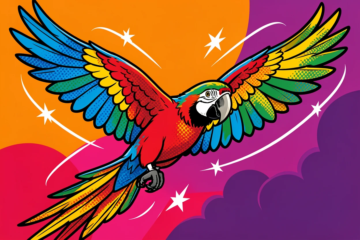 An elaborate macaw captured mid-motion against a dramatic sky