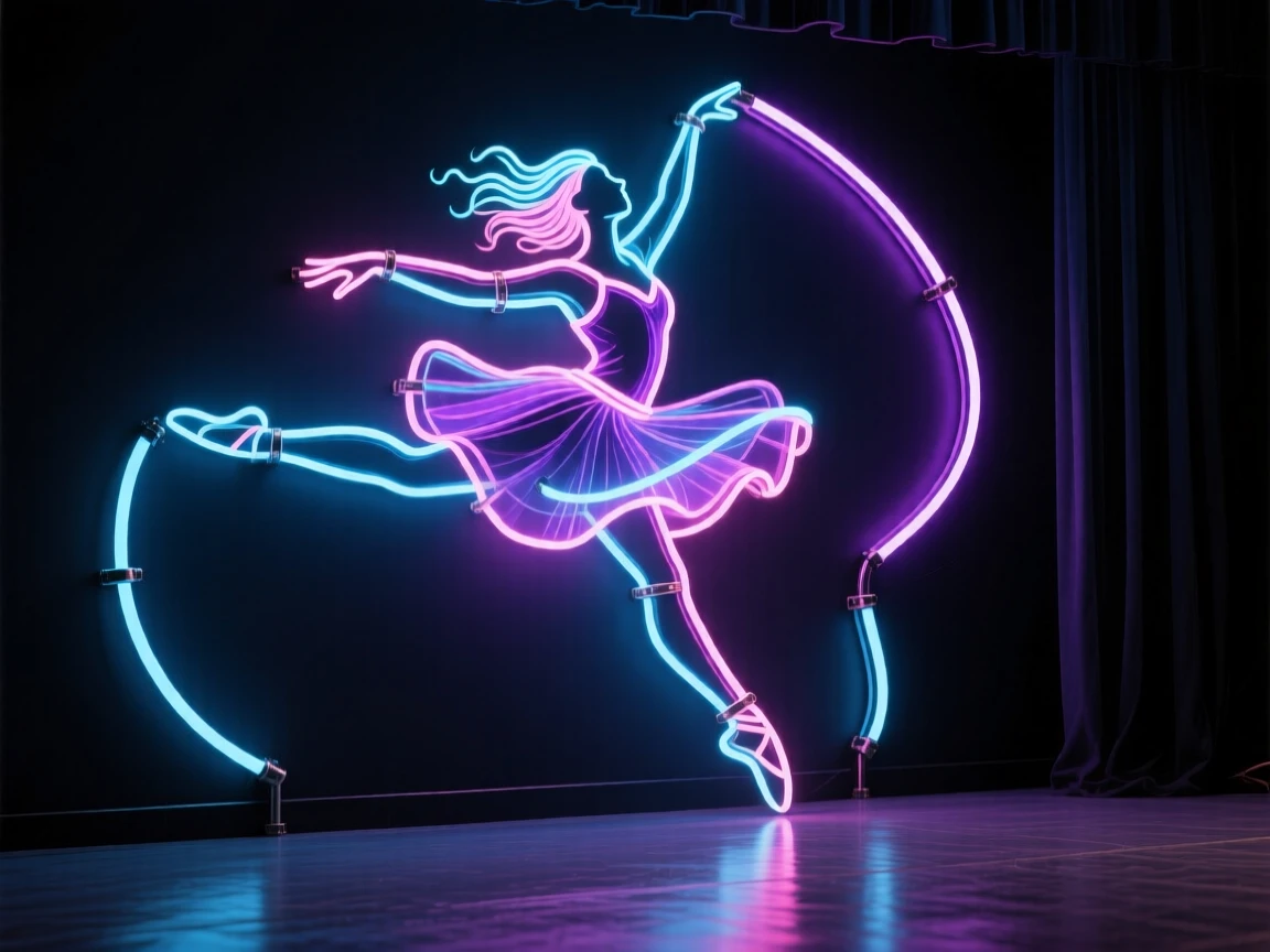 Create a premium neon wall art piece constructed entirely from glowing neon tubes, depicting a dancer captured mid-leap on an empty stage. Translate every element into elegant bent neon glass tubing, using continuous and segmented lines to form the dancer’s dynamic silhouette, flowing pose, extended limbs, expressive movement, and graceful body contours. Represent subtle details such as the dancer’s costume folds, hair movement, and stage presence with refined neon linework while maintaining a clean, recognizable minimalist design.


Use layered neon tubing with varied thicknesses to create depth, dimension, and visual hierarchy. Combine harmonious neon colors to highlight the dancer’s form, motion, and energy, with smooth color transitions and carefully balanced illumination. Incorporate realistic handcrafted tube bends, junctions, connectors, and slight variations in the glass structure to create the authentic look of a custom-made neon sculpture.


Add realistic neon glow effects, soft light halos, gentle reflections, and ambient illumination spreading onto the surrounding surface. Keep the background simple and dark, resembling a gallery wall or stage backdrop, allowing the glowing dancer artwork to become the central focus. The final image should feel like a high-end handcrafted neon wall installation, combining artistic elegance, modern design, and the timeless beauty of dance captured in luminous glass.