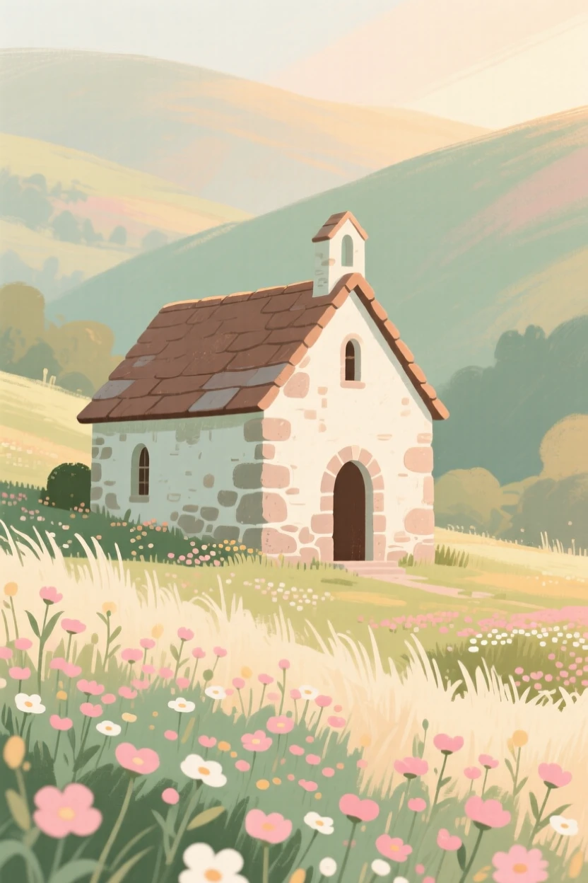 A stone chapel nestled in a quiet valley of wildflowers