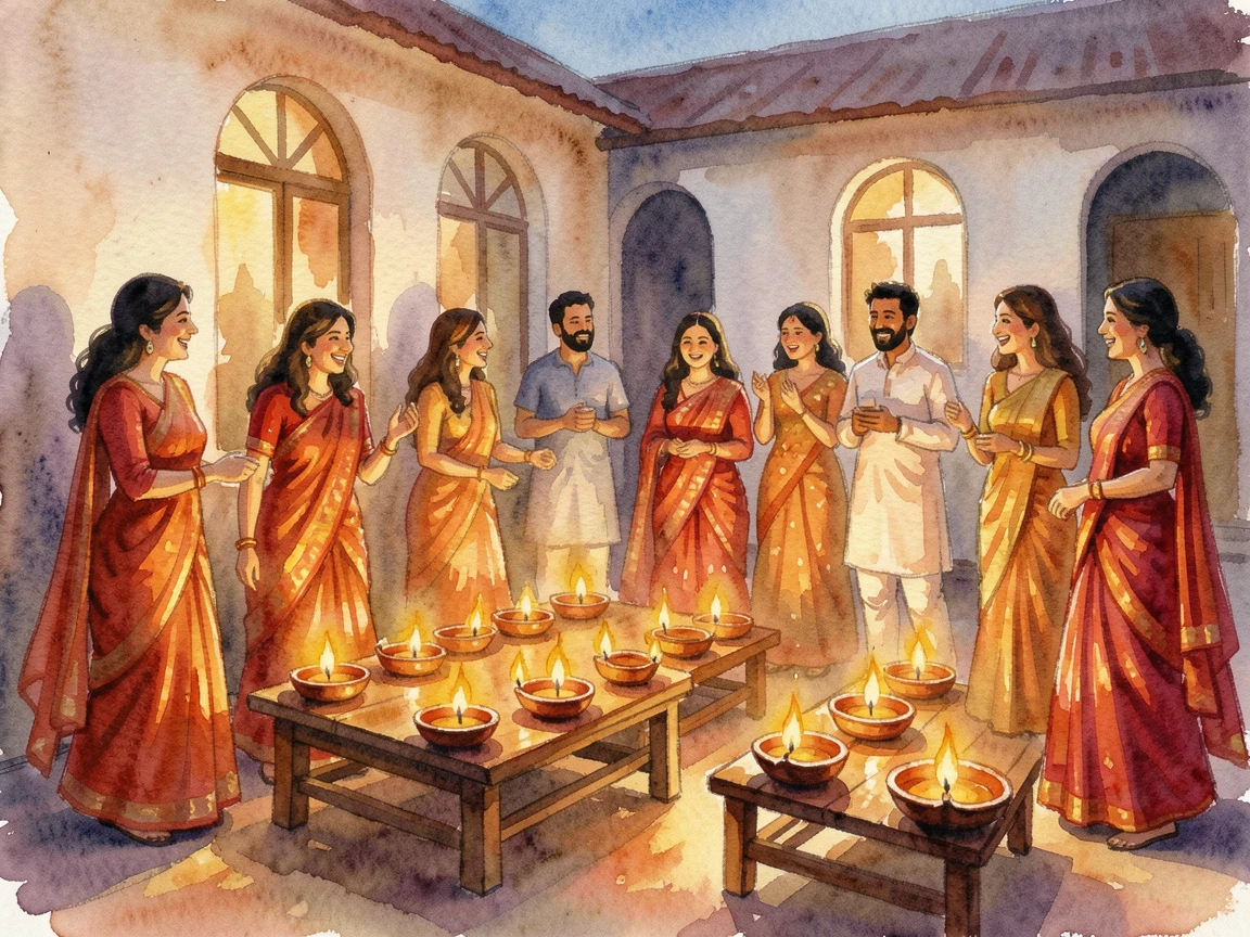 A Diwali celebration with rows of glowing oil lamps surrounded by joyful family and friends.