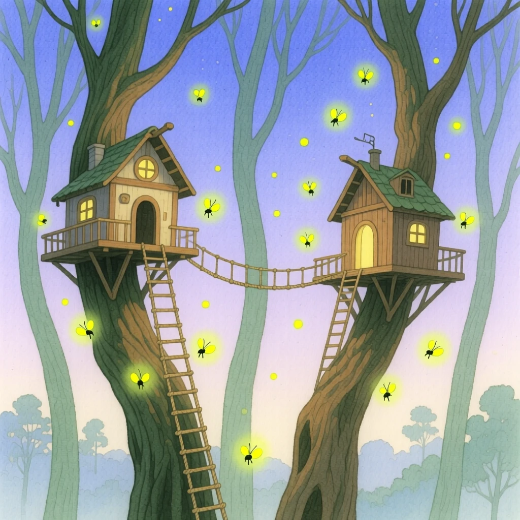 A dreamlike scene of a treehouse village, where fireflies drift like floating stars, inviting quiet wonder and imagination