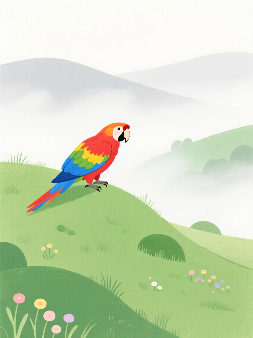 A colorful macaw exploring a rolling green hillside on a foggy morning.